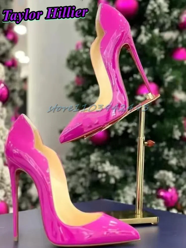 

Rose Red Wavy Heeled Sandals Pointed Toe Pink High Heels Stiletto Shallow Hot Girl Pull On New Designer Ladies Party Shoes