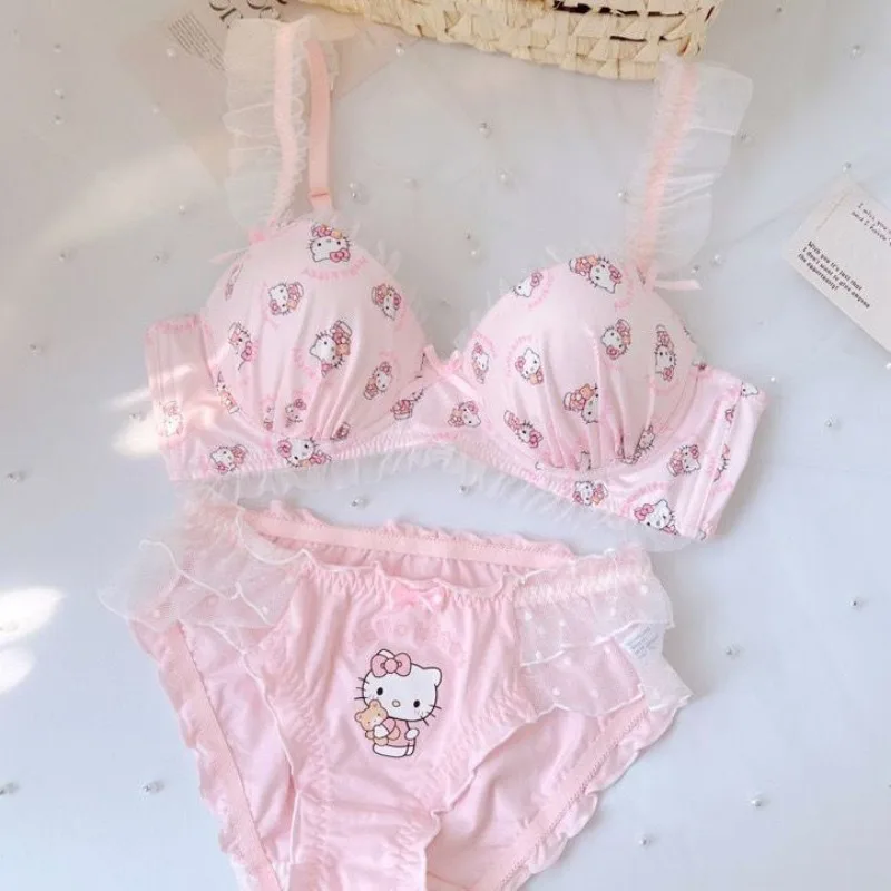 Sanrio Soft Girl Hello Kitty Underwear Set Japanese Girls Thin Sweet Lace Underwear Without Steel Ring Student Bra and Panty Set