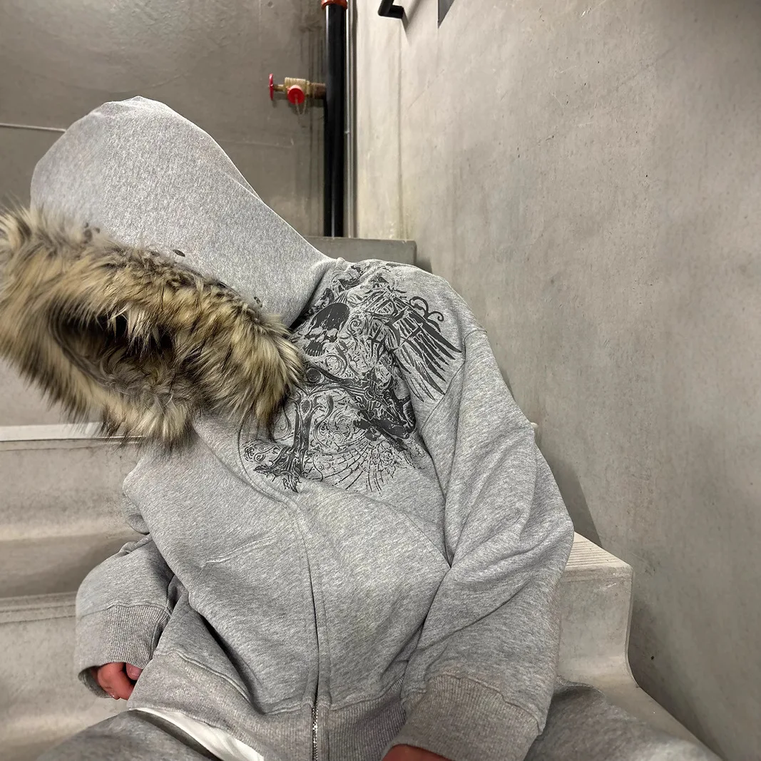 

American Retro Y2k Streetwear Women's Zip Up Hoodie Autumn Winter Fashion Gothic Punk Oversized Hoodie Sweatshirt Women Jacket