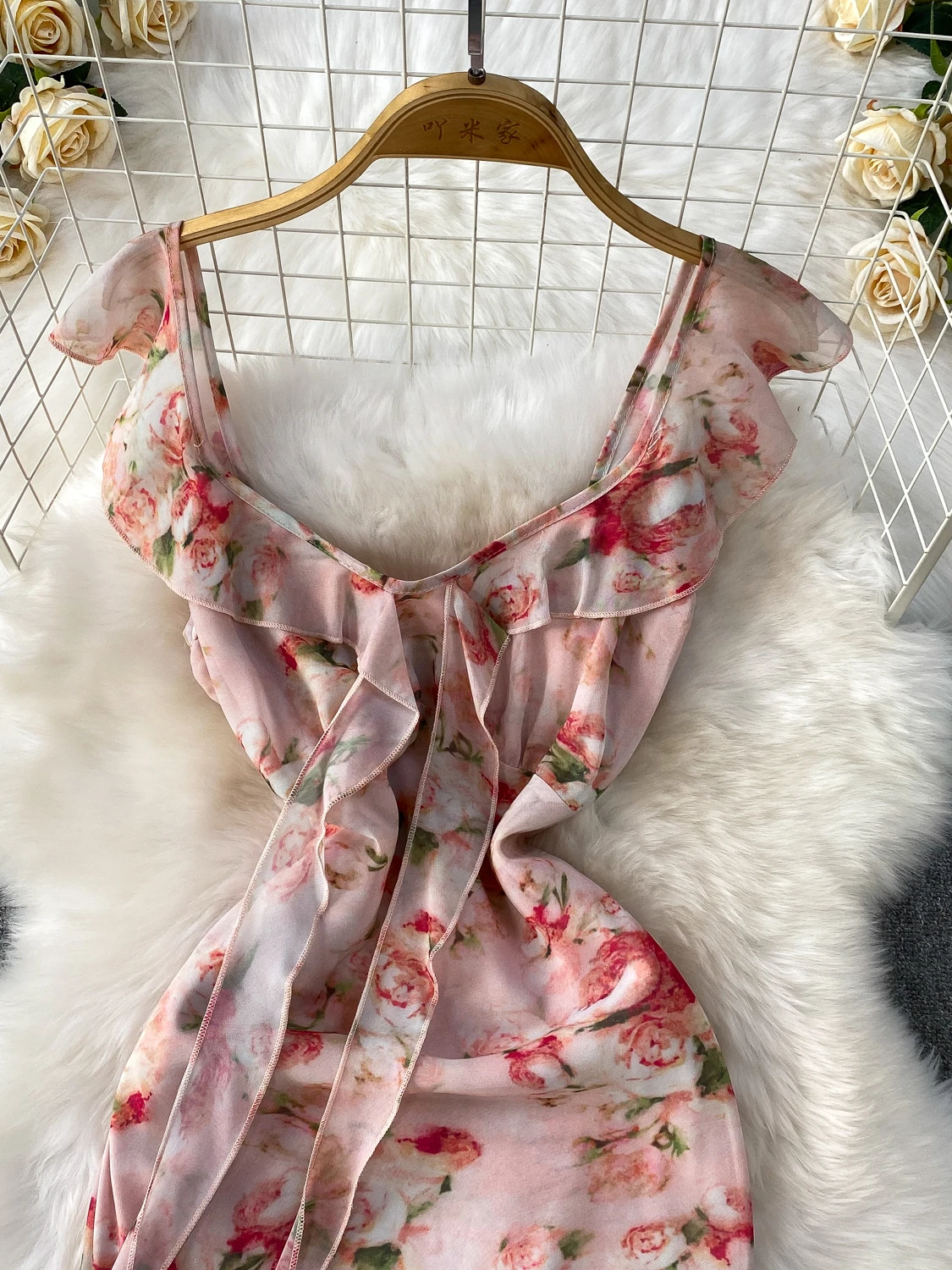 Ele Floral Print V-Ne Puff Sve Dr Damen High Waist Slim Fit Langer Rock Korean Sle Pendeln Sommer Midi Dr