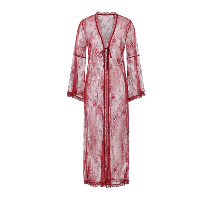 

Black Sheer Mesh Lace Robe Long Sleeves Kimono Women Perspective Robe Dressing Gown Sleepwear New Nightgown Lingerie