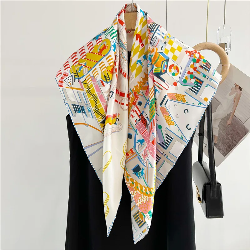 

Женский шелковый платок 90 см, квадратная бандана с ручной подгибкой краев, люксовый дизайнерский шарф 90 см, аксессуар для волос и одежды, с принтом лошади