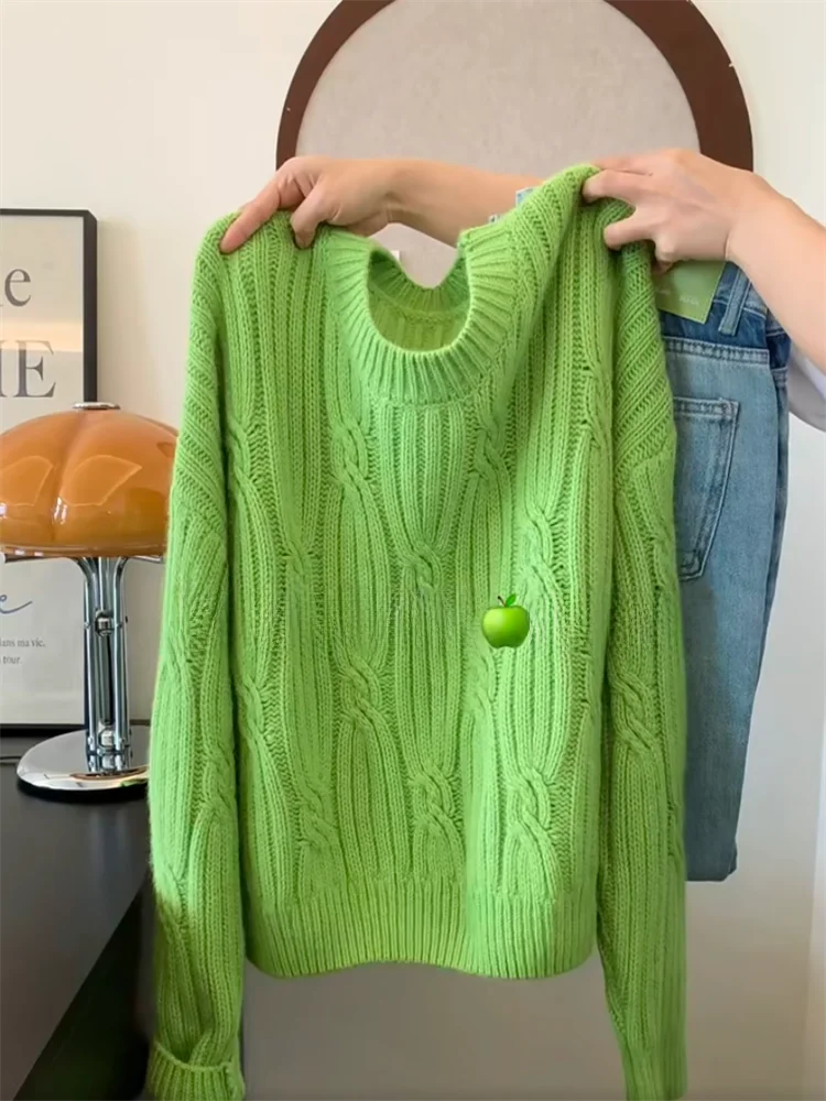 

Soft Long Sleeve Knitted Sweater Women's Autumn Winter New Style Self-Preservation Green Twist Thick Warm Korean Loose Fit Sw...