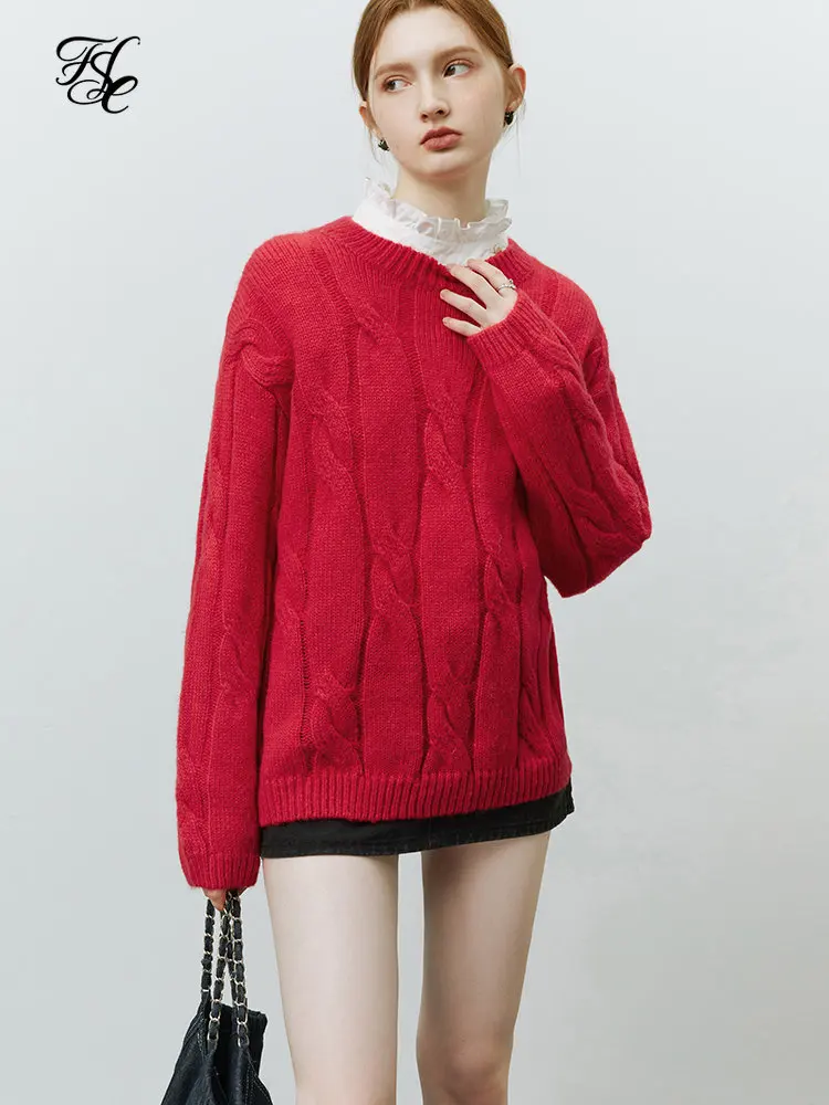 FSLE Round Neck Twisted Mohair Sweater For Women Autumn Winter 2022 New White Red Green Women Casual Solid Full Sleeve Sweater