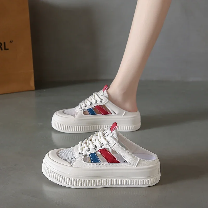 Women's Hollow Out Sneakers Slip On Mesh Mules Backless Low Top Walking Platform Shoes for Summer White Casual Clipper