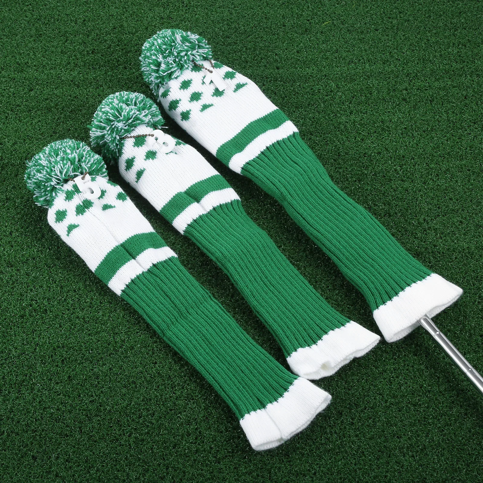 3Pcs/Set Long Neck Sock Golf Club Heads Covers Soft Wool Knitted Golf Headcover Fit for Driver (Up To 460CC) Fairway Hybrid Wood