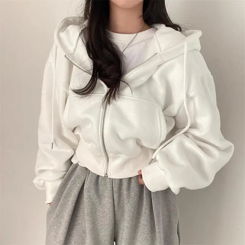 Casual Short hooded Sweatshirt Women Y2K Zip Up Hoodies Harajuku Long Sleeve Tops Oversized Crop Top Female Loose Jackets Coat