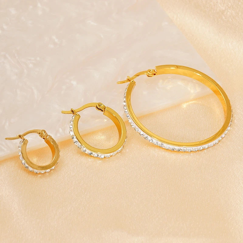 Gold Color Round Hoop Earrings 30/40/50mm 316L Stainless Steel Zircon IP Plated Hypoallergenic Jewelry