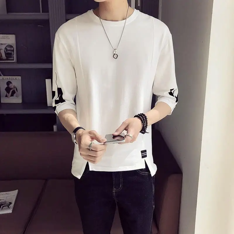 2024 New Summer Casual Minimalist Fashion Round Neck Color Blocking Loose Oversized Versatile Three Quarter T-shirt for Men