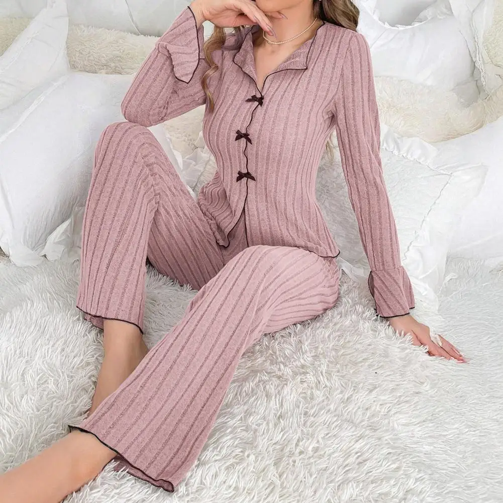 Lightweight Sleep Set Women's 2 Piece Pajama Set with Bow Long Sleeve Top Pants Casual Fall Sleepwear Comfortable for Home