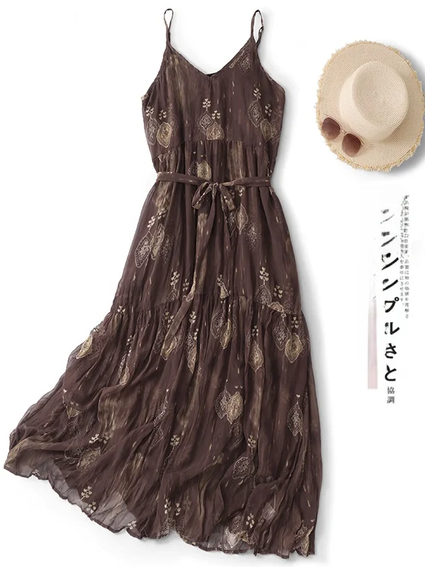 

Bohemian Print Maxi Dress Women's Summer plus Size Vest Dress High Waist A-Line Skirt V-Neck Sleeveless Casual Vintage Style