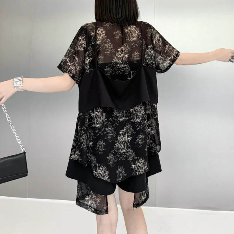 HKSH Women Casual Set Short Sleeves Printed Patchwork Fake Two Pieces Shirt Elastic Waisted Trend Shorts New Summer 2026 HK21553