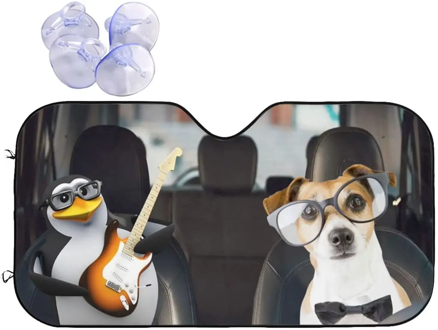 AmaUncle Car Windshield Sun Shade, Dog with Glasses Driving with Penguins Playing Guitar , Sunshade to Keep Your Vehicle Cool Fo