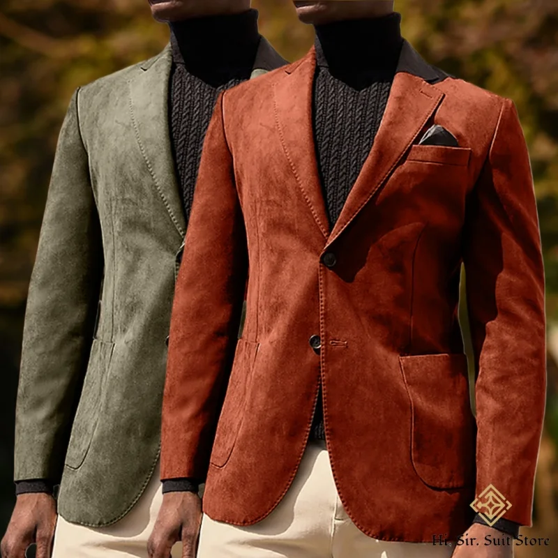 ملابس خارجية للرجال لخريف/شتاء من جلد الغزال المخملي غير رسمية بقصة ضيقة وطية صدر مدببة سترة واحدة الصدر مصممة بدلة رجالية على الطراز الأوروبي #1