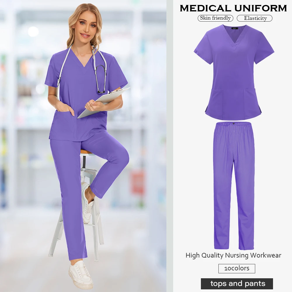 Conjunto de top e corredores de manga curta feminino, fato de esfrega, uniforme médico, simples, cores sólidas, atacado, designer