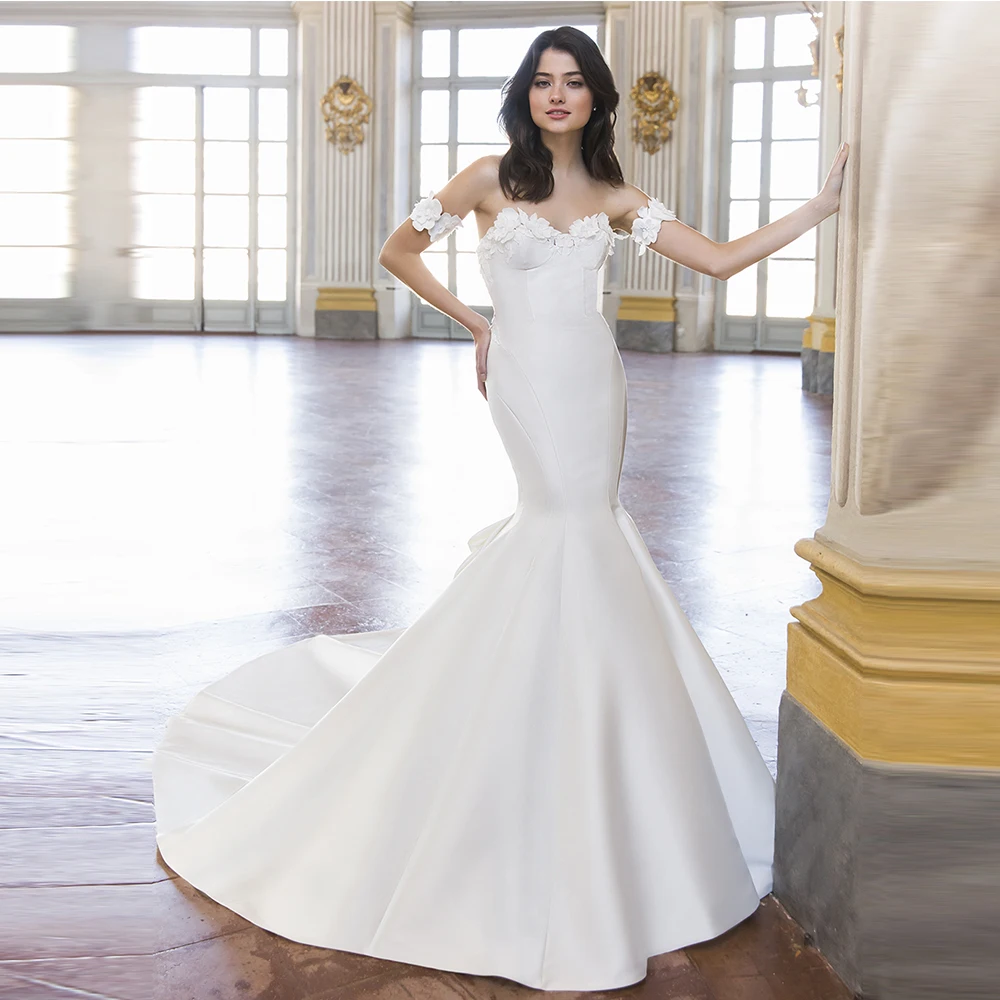 Customized Boho Bohemian Gowns for Women 2025 Bride White Satin Applique Bow Button Cut-out Mermaid Off-the-shoulder Long Dress
