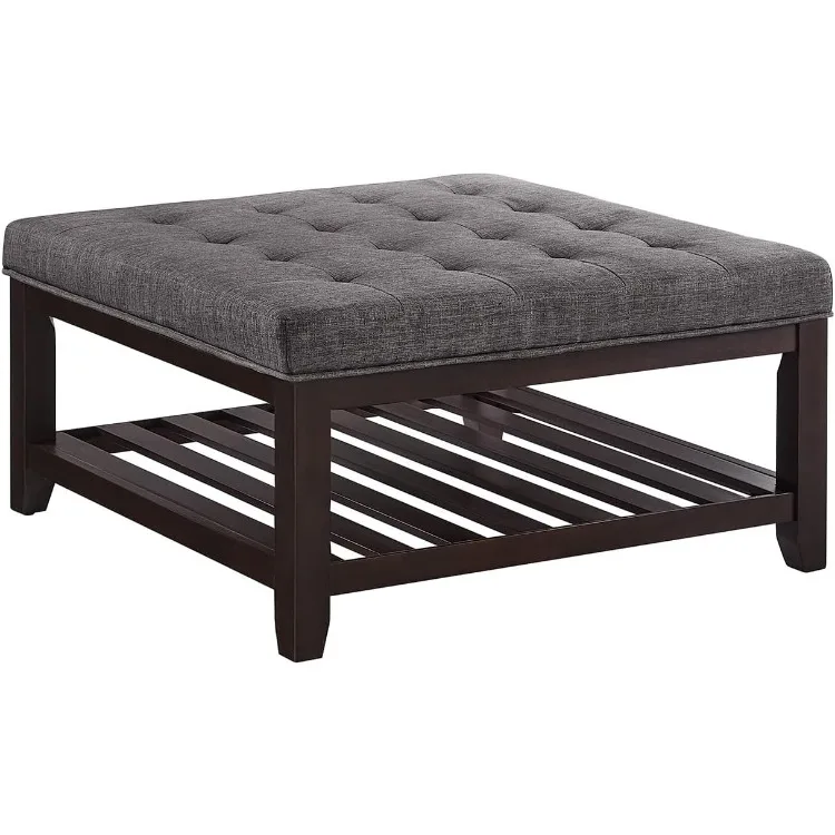 Large Square Upholstered Tufted Linen Ottoman Coffee Table, Large Footrest Ottoman with Solid Wood Shelf-Dark Gray