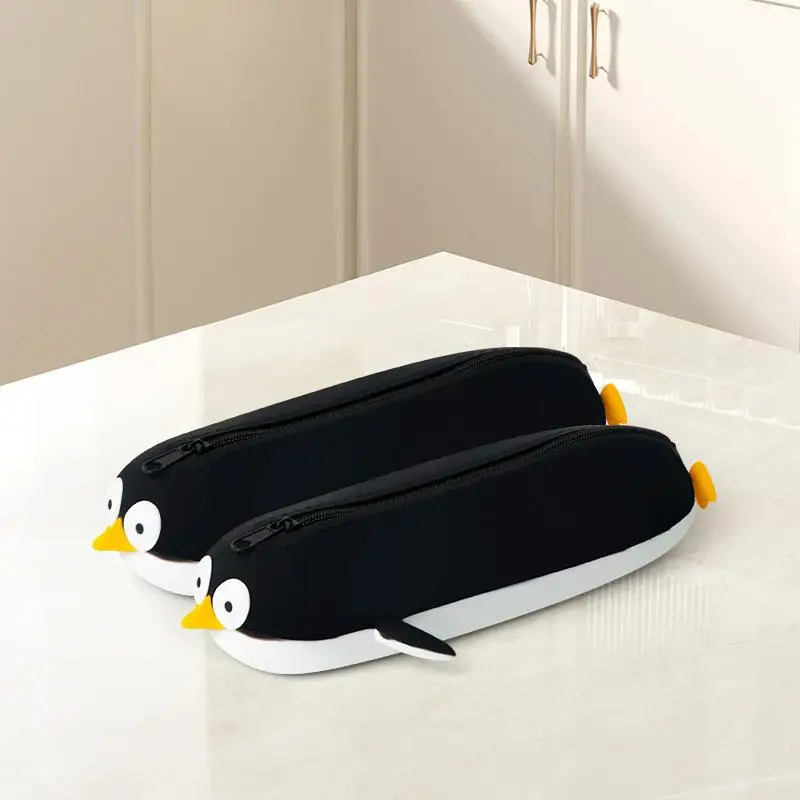 Cute Penguin Shaped Silicone Pencil Case Large Capacity Waterproof Stationery Organizer Bag For Kids Students School Gifts