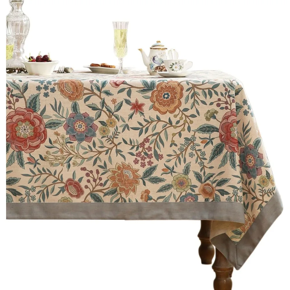 

Vintage Linen Rectangle Tablecloth with William Morris-Inspired Floral Design, Colorful Pattern for Kitchen and Dining Decor