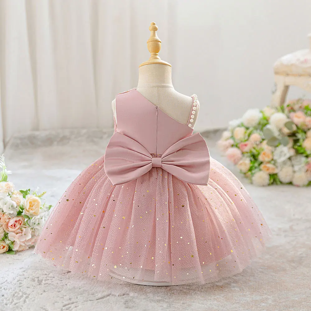 Fashion New Children Girls Sequin Dress Sloping Shoulders Bow Baby Girl Princess Dress Summer Kids Girl Evening Gown 1-8 Years