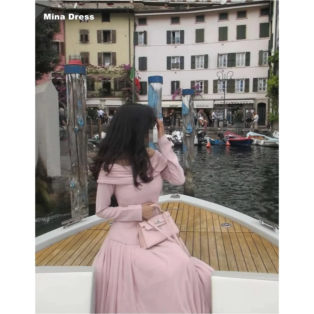 

Mina Customized Pink Luxurious Evening Dresses for Special Occasions Folds One Shoulder Elegant Cocktail Dresses Long Sleeves