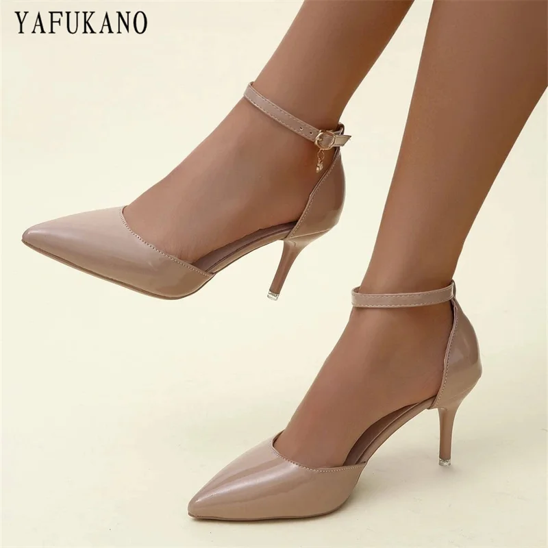 Nude Patent Leather Pointed Toe Ankle Strap Pumps 2024 Summer New Stiletto Mid Hollow Womens Sandals Sexy Party Dress Shoes