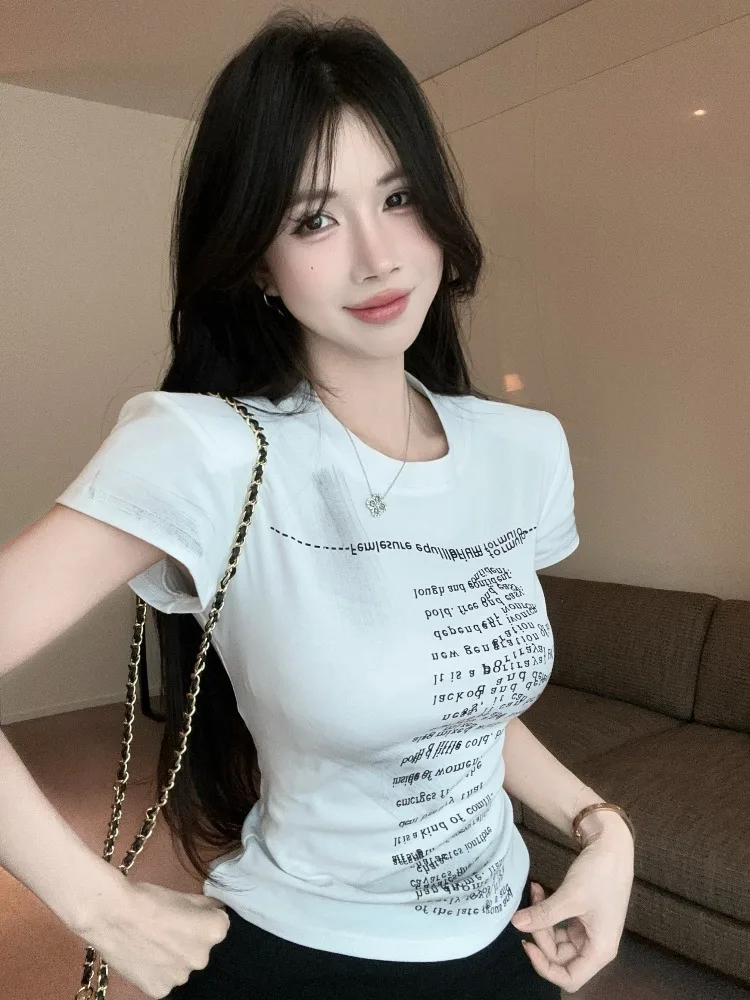 

American Style Short Sleeve T-Shirt Women Summer Pure Desirable Sexy Short Unique Beautiful White Print Top for City Walk