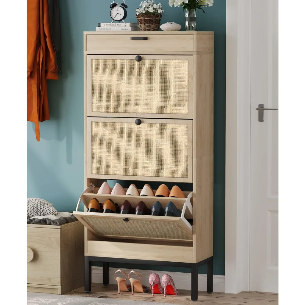 

Freestanding Shoe Cabinet with 3 Flip Drawers, 2 Layer Shoe Shelf, Natural Rattan Shoe Storage Organizer