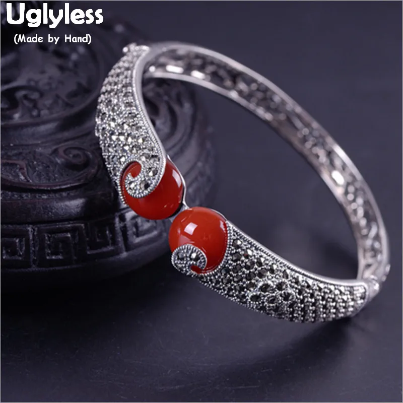 

Uglyless Ethnic Thai Silver Bangles for Women Chalcedony Agate Bangles Adjustable Real 925 Silver Marcasite Flower Retro Jewelry