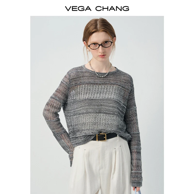 

Vega Chang Wool Knit Sweater for Women, New Autumn Round Neck Hollow Striped Design Loose Long-Sleeved Top