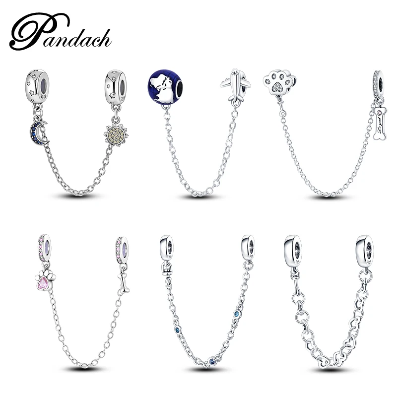 Fashion 925 Sterling Silver Star Moon Sun Earth Aircraft Safety Chain Fit Pandora 925 Original Bracelets DIY Birthday Jewelry