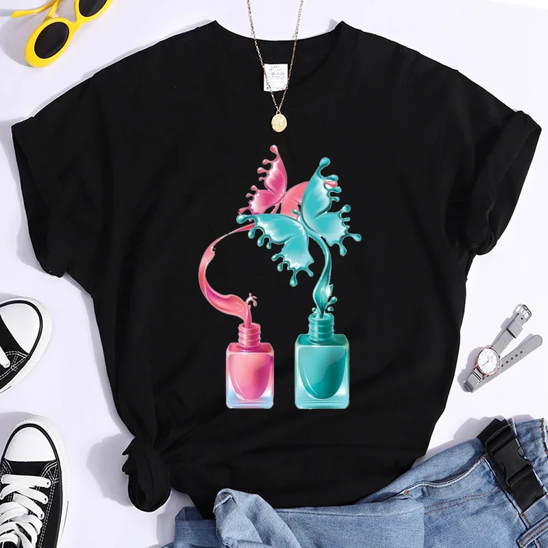 Nail Polish Print Tshirt Women Makeup Beauty Aesthetic Graphic T Shirt Female Tee Tops Cosmetics Black Tshirt Ladies Tee Clothes