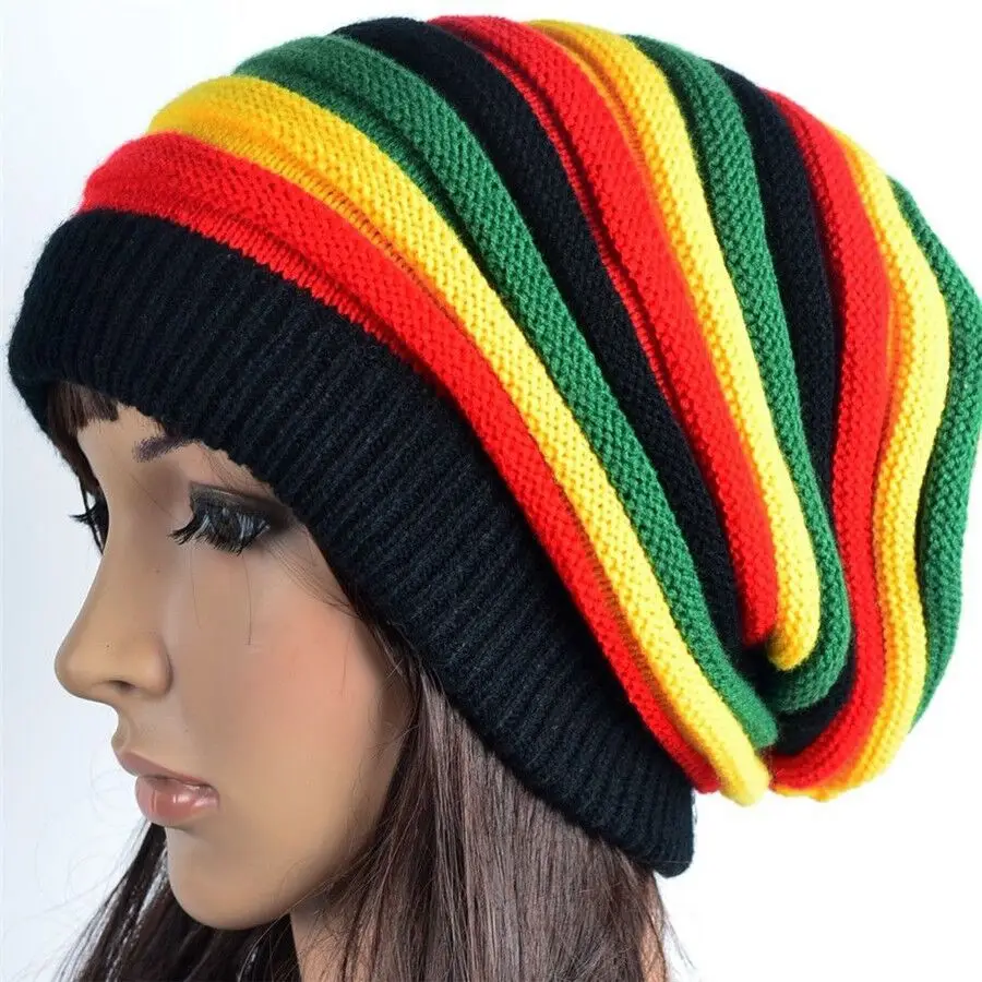 Unisex Jamaica Slinky Beanie Multi-Colour Striped Slouchy Baggie Beanie Skullies Gorro Rasta cap Hat