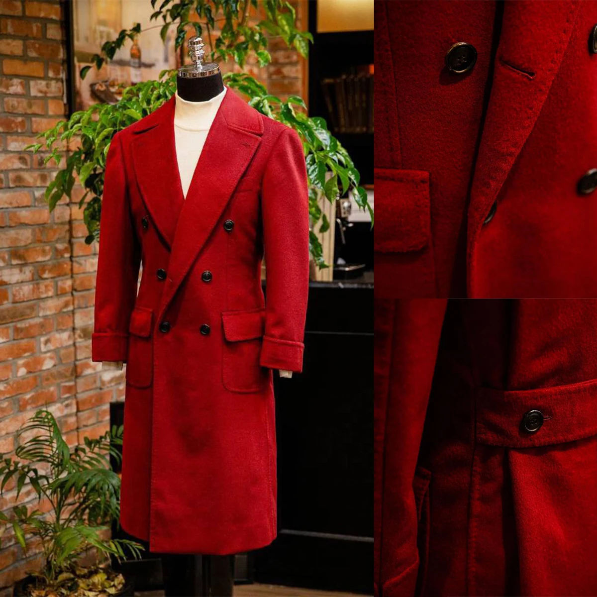 Red Classic Men's Wool Blend Coat Double Breasted Big Lapel Long Blazer Formal Outwear Plus Size Customized Winter Warm Jacket