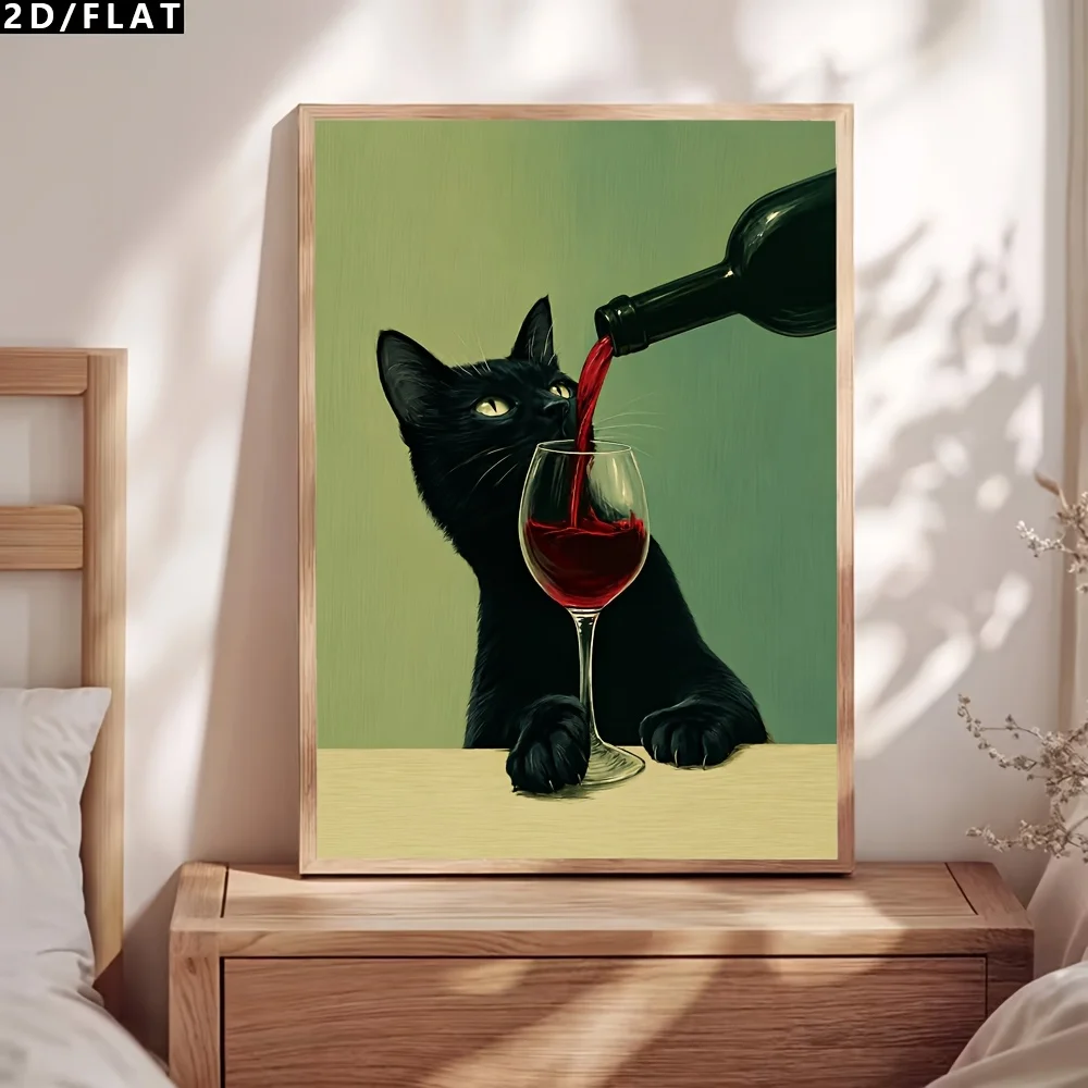 2D Flat, 2D/FLAT 1pc Cartoon Oil Painting Wall Decor for Black Cat - Pouring Red Wine. Fun Animal-Themed Printed Poster for R