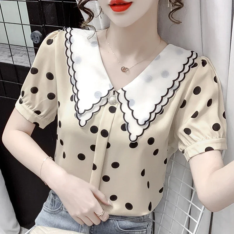 Casual Summer Chiffon Blouses 2024 Korean Fashion Polka Dot Blusa Feminina French Sweet Girls Vintage Puff Sleeve Tops Mujer y2k