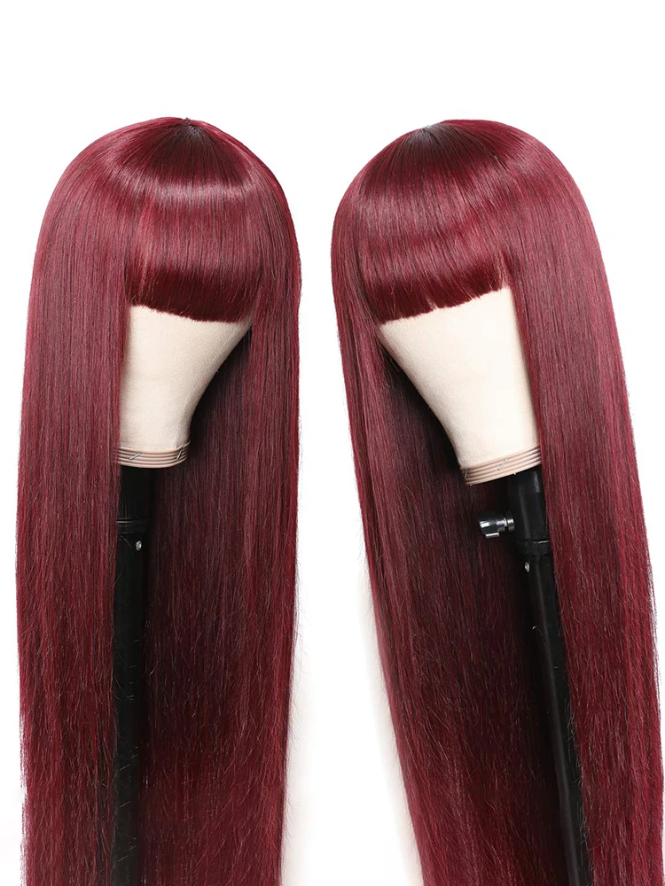 Straight Fringe Wigs 99J Dark Burgundy Human Hair Wig With Bangs Full Machine Made Colored Glueless wig human hair ready to wear