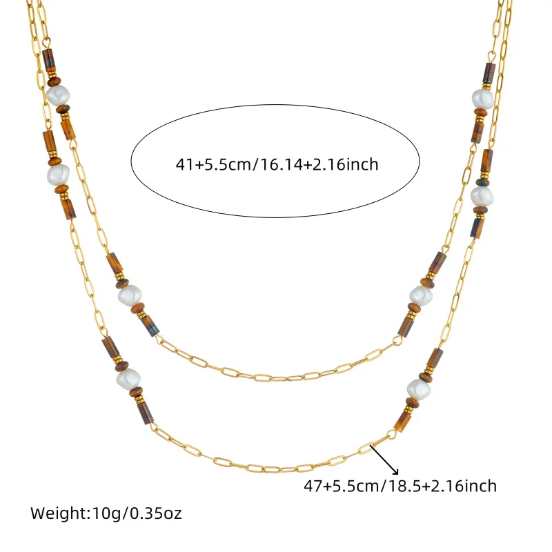 LAMENGLY 316L Stainless Steel Double Layered Amber Beads Link Chain Necklace For Women Retro Exquisite Non-Fading Clavicle Chain