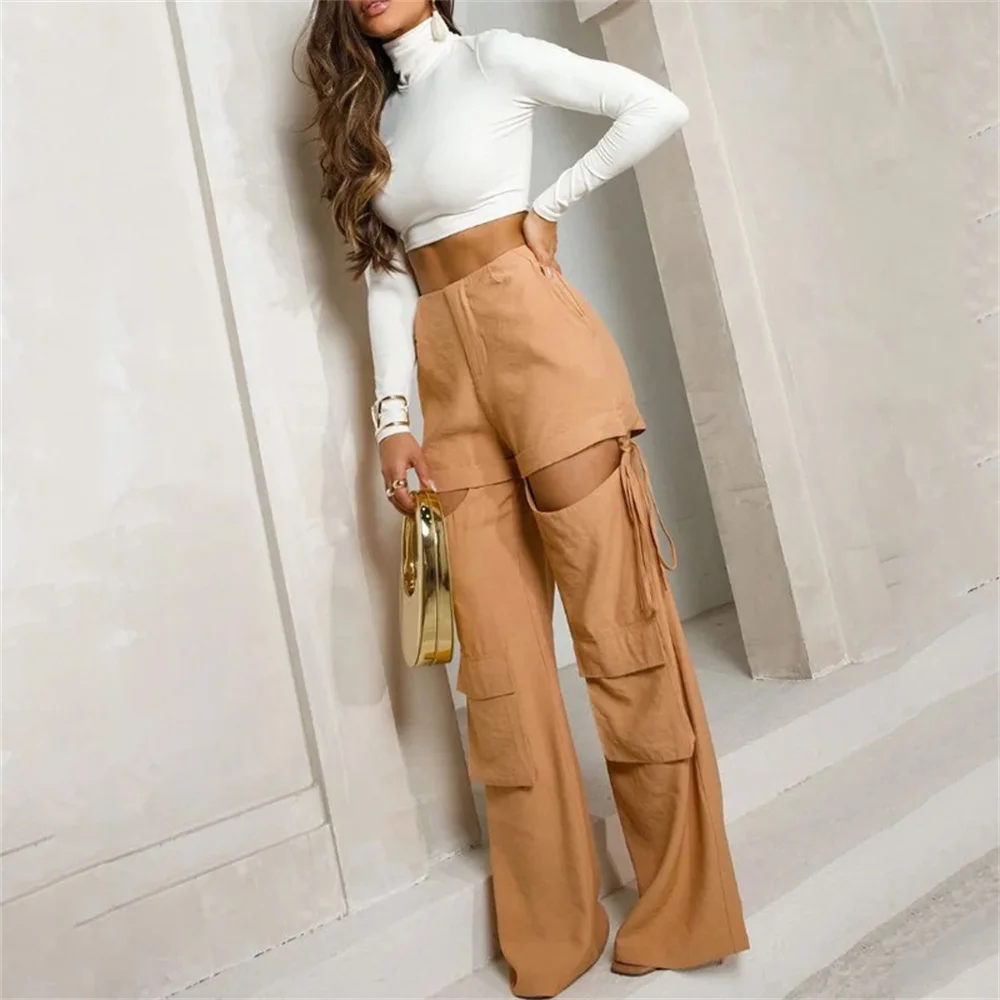 Donna dolcevita Slim Crop Top e pantaloni scavati Set autunno High Street camicia a maniche lunghe pantaloni Cargo dritti con tasca