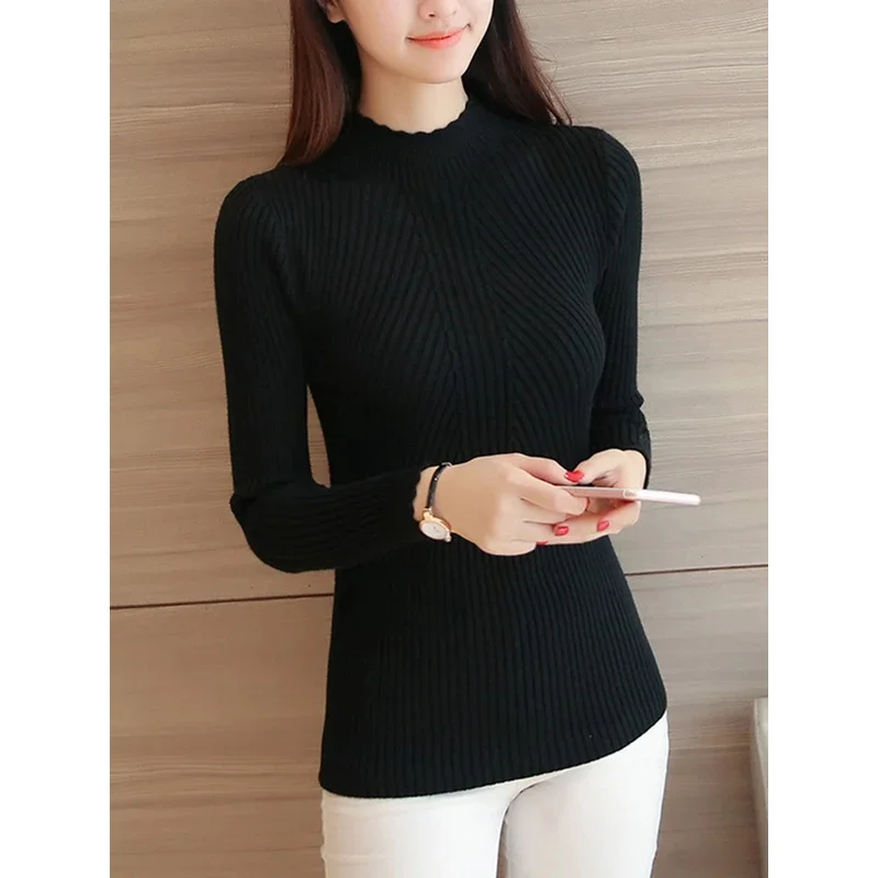 2024 autumn women mock neck ruffles sweater long sleeve knitted bottoming solid pullovers stripe women casual sweater winter