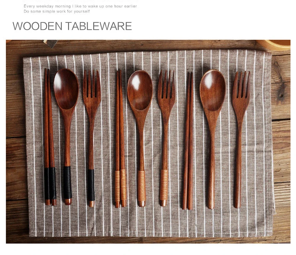 3-teiliges Geschirr, Naturholz, Geschirr, Löffel, Essstäbchen, Gabel, Abendessen, tragbares Geschirr, Getreide, Haushalt, Küche, Besteck-Set – Detail 4