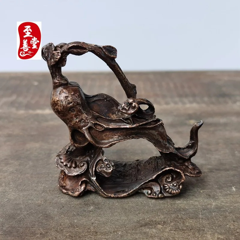 Antique collectible, old patina, antique-style alloy copper living room decoration, ginseng and wish-fulfilling jade6*5.5CM