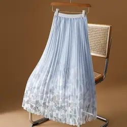 New Spring and Autumn Women's Style High Waist Loose Elastic Gauze Pleated Printed A-Line Trendy Comfortable All-match Skirt