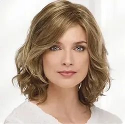 Mid-Length Wig with Swept Bang Synthetic Hair Wavy Wigs for Party