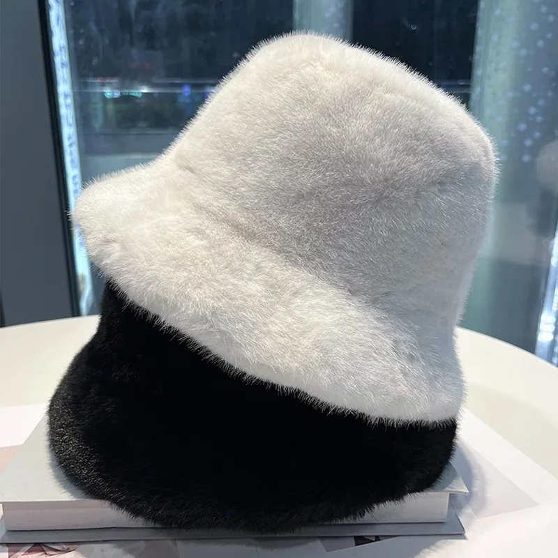 Autumn and Winter Plush Fisherman Hat for Women Imitation Mink Simple Solid Color Bucket Hat Outdoor Warm Basin Hat