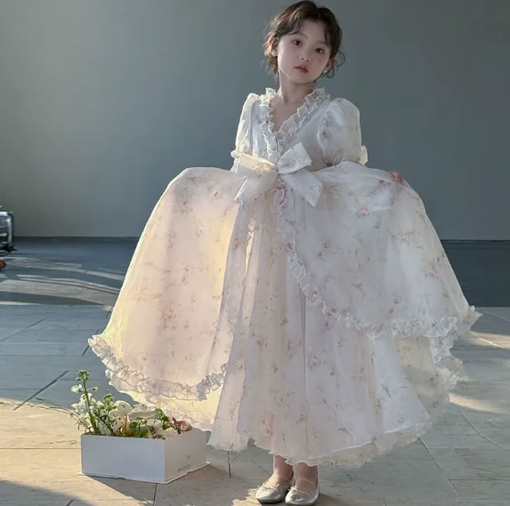 Girls Skirts 2026 Summer New Childrens Wear Korean Style Baby Girl Floral Square Collar Gauze Peng Peng Princess Skirt Casual