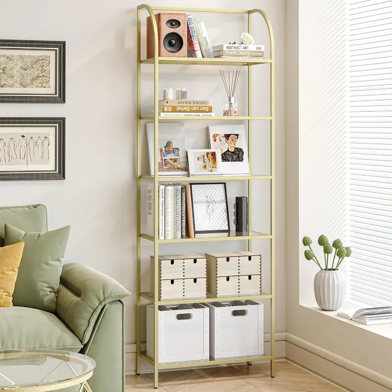 

Bookcase Bookshelf, Tempered Glass Arched Bookshelf for More Storage, Slim Shelving Unit for Bedroom, Bathroom, Home Office