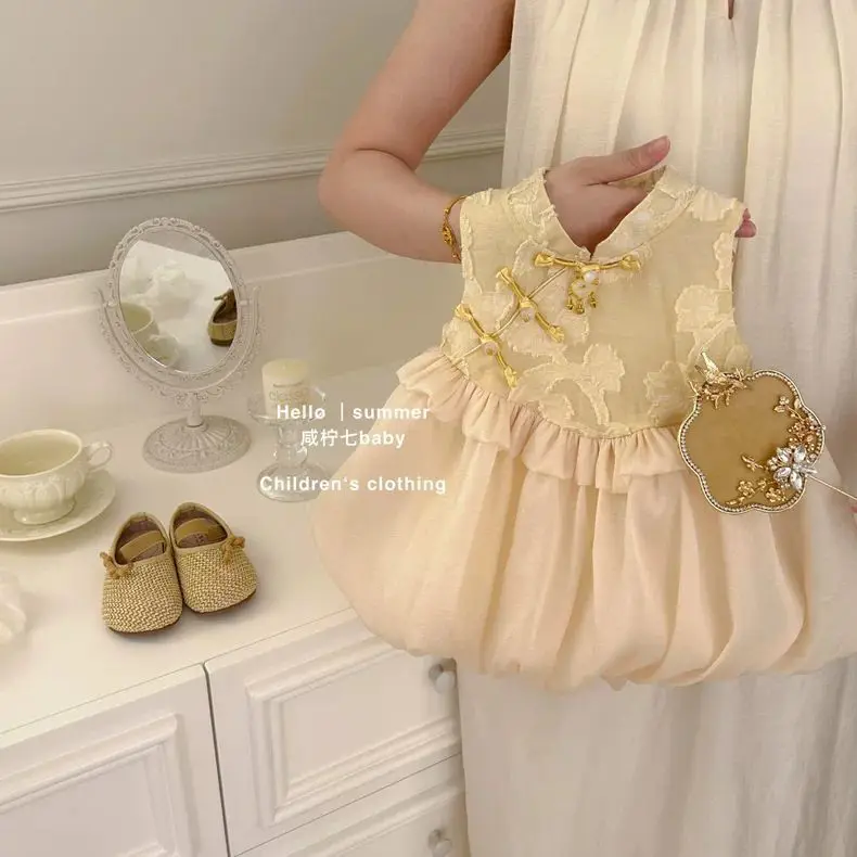 New Chinese Style Girls Summer Dress Traditional Hanfu Gown Elegant Birthday Party Costume for Toddler Baby Girls