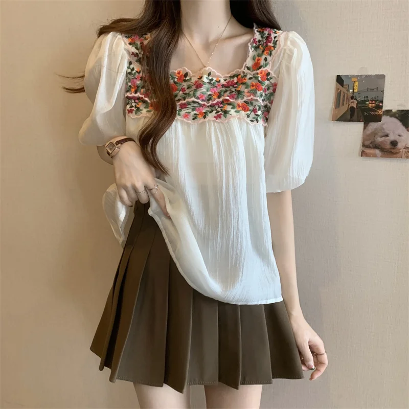 Women Summer Simplicity Loose Fashion Embroidered Square Collar Short Sleeve Shirts Ladies Casual All-match Appear Thin Top Tee