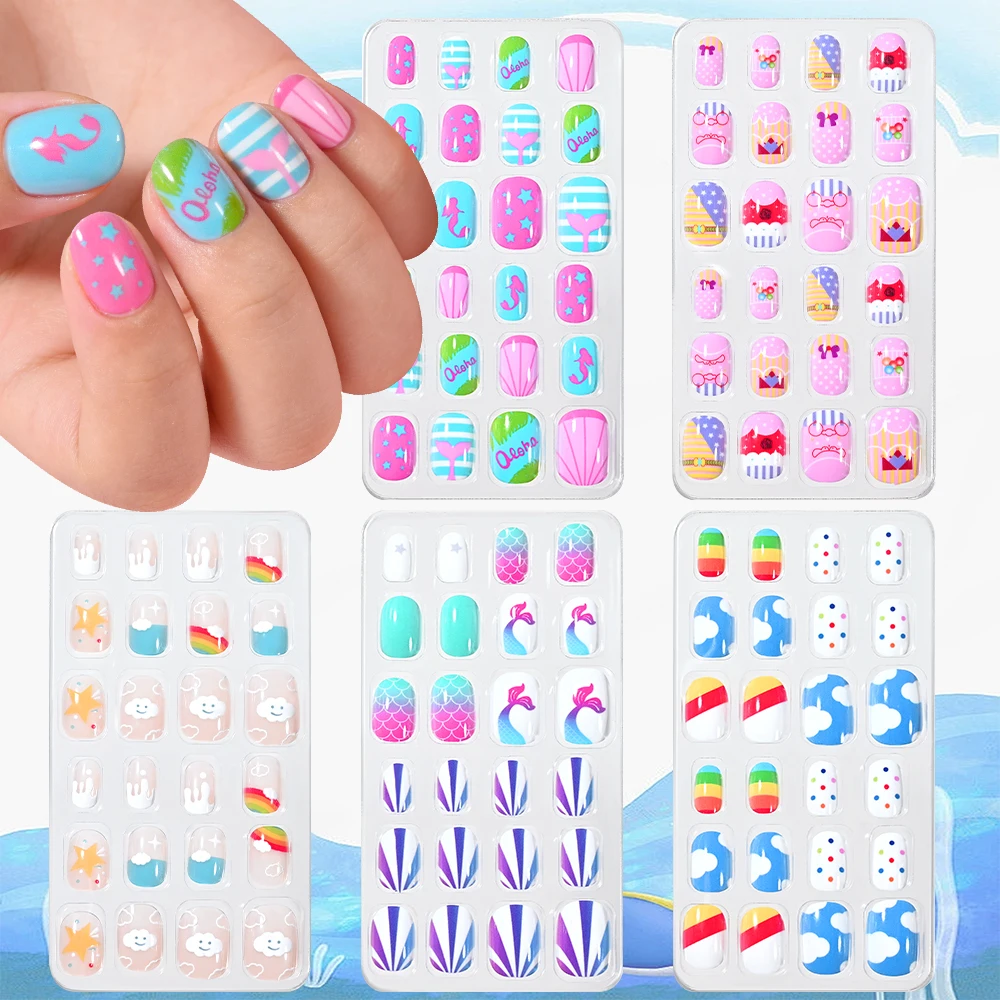 

120pcs Cartoon Floral Kid's Press On Nails Cute Animal Flower Short Fake Nail Kawaii Colorful Dot Printed Full Cover False Nail